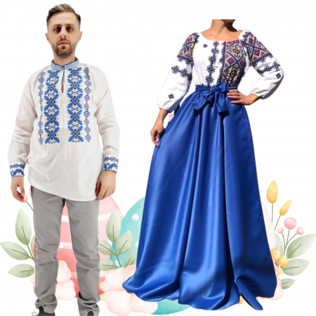 Set cuplu - Set Cuplu 504 / Camasa Traditionala si Rochie Stilizata cu motive traditionale