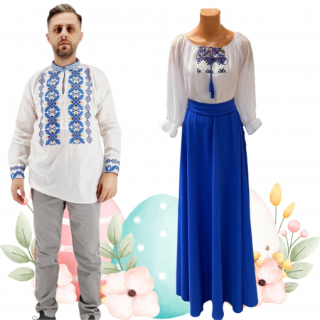 Set cuplu - Set Cuplu 506 / Camasa Traditionala si Rochie Stilizata cu motive traditionale