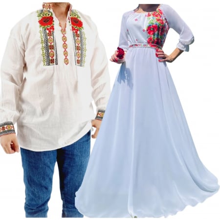 Set Traditional - Set Cuplu 540 / Camasa Traditionala si Rochie Stilizata cu motive traditionale