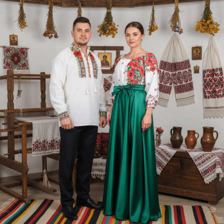 Set cuplu - Set Cuplu 542 / Camasa Traditionala si Rochie Stilizata cu motive traditionale