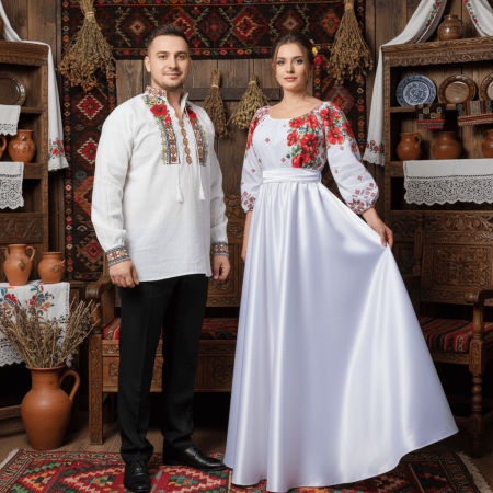 Set cuplu - Set Cuplu 543 / Camasa Traditionala si Rochie Stilizata cu motive traditionale