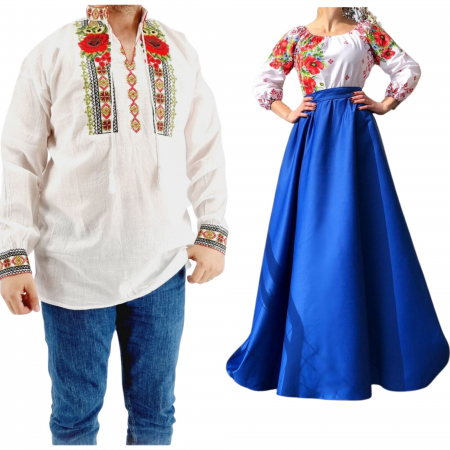 Set cuplu - Set Cuplu 544 / Camasa Traditionala si Rochie Stilizata cu motive traditionale