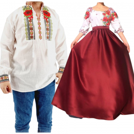 Set cuplu - Set Cuplu 544 / Camasa Traditionala si Rochie Stilizata cu motive traditionale