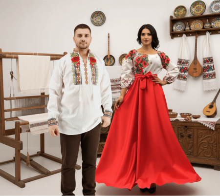Set cuplu - Set Cuplu 547/ Camasa Traditionala si Rochie Stilizata cu motive traditionale