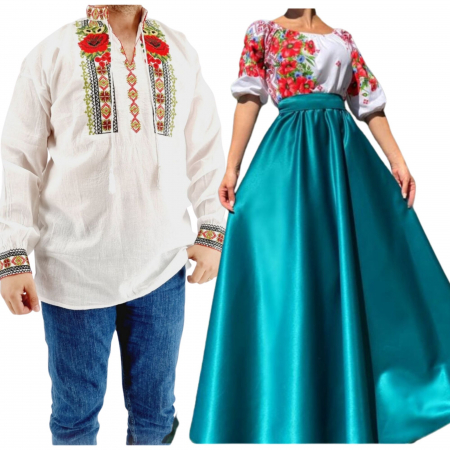 Set cuplu - Set Cuplu 548/ Camasa Traditionala si Rochie Stilizata cu motive traditionale
