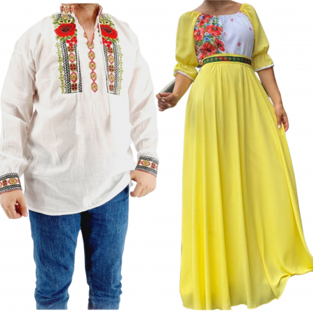 Set cuplu - Set Cuplu 549/ Camasa Traditionala si Rochie Stilizata cu motive traditionale