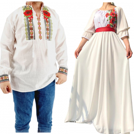 Set cuplu - Set Cuplu 550/ Camasa Traditionala si Rochie Stilizata cu motive traditionale