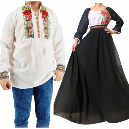 Set cuplu - Set Cuplu 550/ Camasa Traditionala si Rochie Stilizata cu motive traditionale