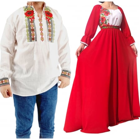 Set cuplu - Set Cuplu 552/ Camasa Traditionala si Rochie Stilizata cu motive traditionale