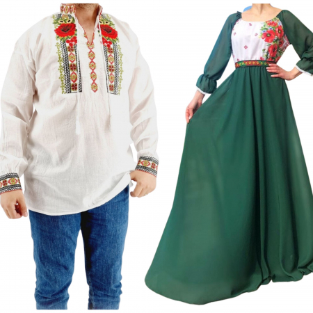 Set cuplu - Set Cuplu 553/ Camasa Traditionala si Rochie Stilizata cu motive traditionale