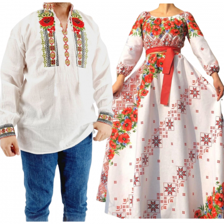 Set cuplu - Set Cuplu 554/ Camasa Traditionala si Rochie Stilizata cu motive traditionale