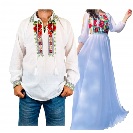 Set cuplu - Set Cuplu 555/ Camasa Traditionala si Rochie Stilizata cu motive traditionale