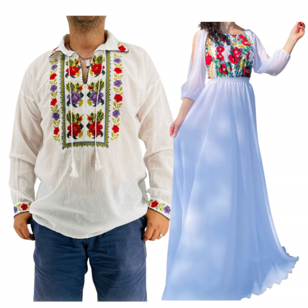Set cuplu - Set Cuplu 556/ Camasa Traditionala si Rochie Stilizata cu motive traditionale