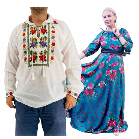 Set cuplu - Set Cuplu 557/ Camasa Traditionala si Rochie Stilizata cu motive traditionale