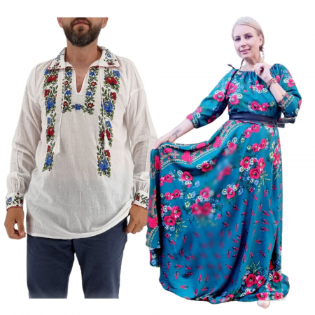 Set cuplu - Set Cuplu 558/ Camasa Traditionala si Rochie Stilizata cu motive traditionale