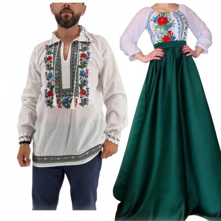 Set cuplu - Set Cuplu 559/ Camasa Traditionala si Rochie Stilizata cu motive traditionale