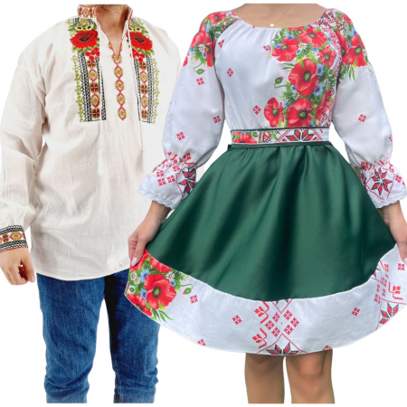 Set cuplu - Set Cuplu 561/ Camasa Traditionala si Rochie Stilizata cu motive traditionale