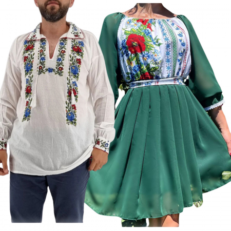 Set cuplu - Set Cuplu 562/ Camasa Traditionala si Rochie Stilizata cu motive traditionale