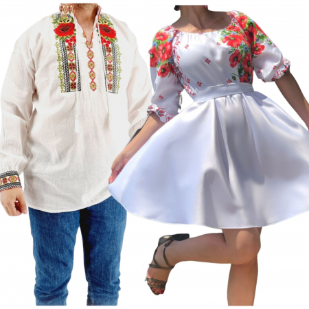 Set cuplu - Set Cuplu 563/ Camasa Traditionala si Rochie Stilizata cu motive traditionale
