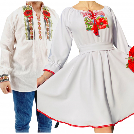 Set cuplu - Set Cuplu 565/ Camasa Traditionala si Rochie Stilizata cu motive traditionale
