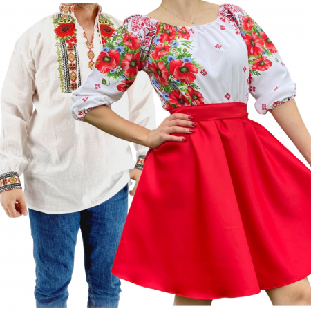 Set cuplu - Set Cuplu 567/ Camasa Traditionala si Rochie Stilizata cu motive traditionale