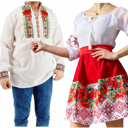 Set cuplu - Set Cuplu 568/ Camasa Traditionala si Rochie Stilizata cu motive traditionale