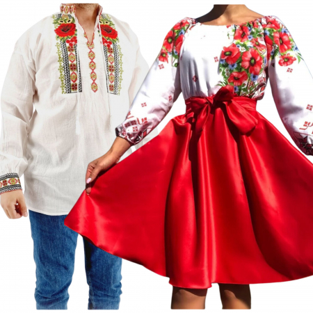 Set cuplu - Set Cuplu 569/ Camasa Traditionala si Rochie Stilizata cu motive traditionale