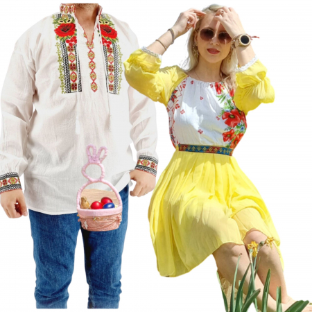 Set cuplu - Set Cuplu 570/ Camasa Traditionala si Rochie Stilizata cu motive traditionale