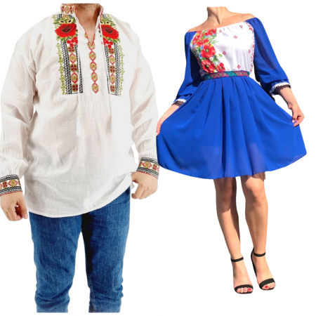 Set cuplu - Set Cuplu 572/ Camasa Traditionala si Rochie Stilizata cu motive traditionale