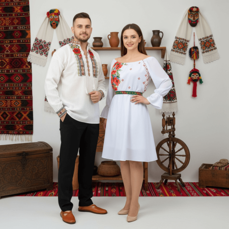 Set cuplu - Set Cuplu 571/ Camasa Traditionala si Rochie Stilizata cu motive traditionale