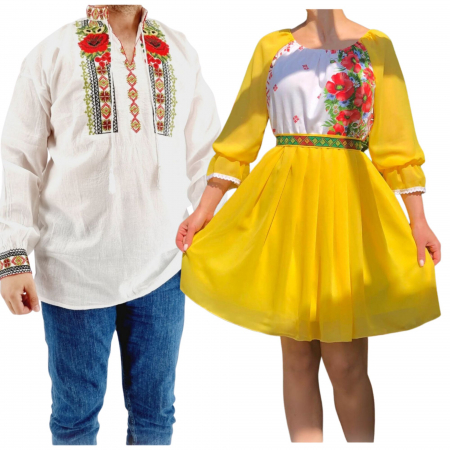 Set cuplu - Set Cuplu 573/ Camasa Traditionala si Rochie Stilizata cu motive traditionale