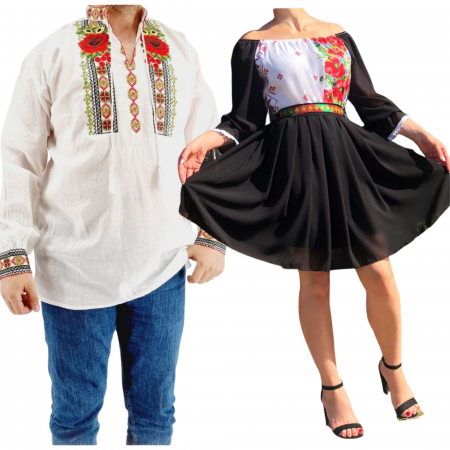 Set cuplu - Set Cuplu 574/ Camasa Traditionala si Rochie Stilizata cu motive traditionale