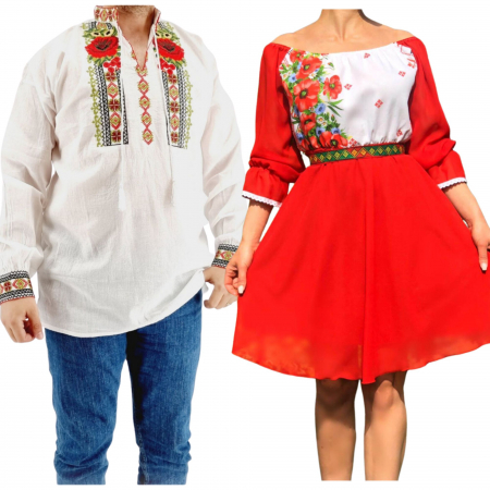 Set cuplu - Set Cuplu 575/ Camasa Traditionala si Rochie Stilizata cu motive traditionale