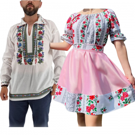 Set cuplu - Set Cuplu 577/ Camasa Traditionala si Rochie Stilizata cu motive traditionale