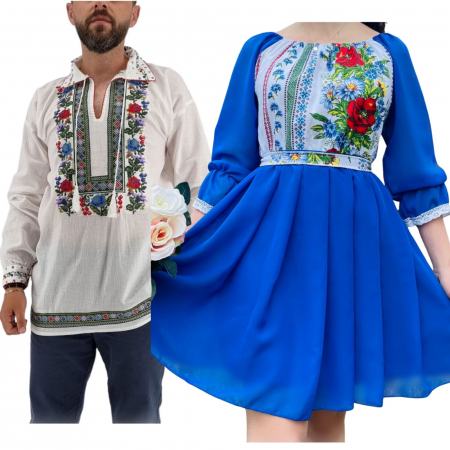 Set cuplu - Set Cuplu 580/ Camasa Traditionala si Rochie Stilizata cu motive traditionale