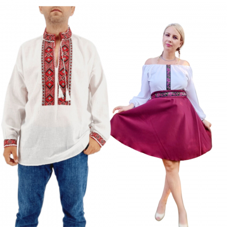 Set cuplu - Set Cuplu 582/ Camasa Traditionala si Rochie Stilizata cu motive traditionale