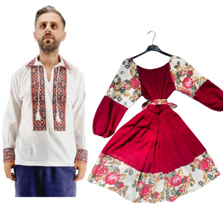 Set cuplu - Set Cuplu 583/ Camasa Traditionala si Rochie Stilizata cu motive traditionale