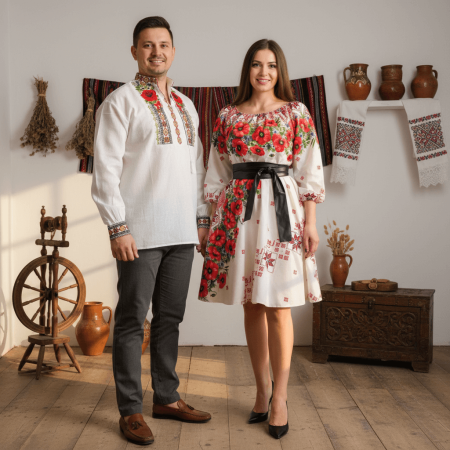 Set cuplu - Set Cuplu 584/ Camasa Traditionala si Rochie Stilizata cu motive traditionale