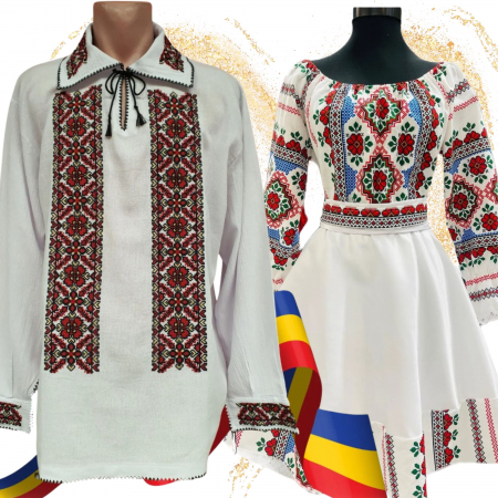 Set cuplu - Set Cuplu 602 / Camasa Traditionala si Rochie Stilizata cu motive traditionale