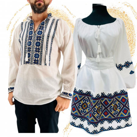 Комплект за двойка - Set Cuplu 604  Camasa Traditionala si Rochie Stilizata cu motive traditionale