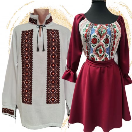 Set Traditional - Set Cuplu 603 / Camasa Traditionala si Rochie Stilizata cu motive traditionale