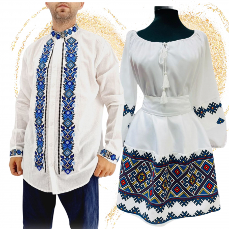 Set Cuplu 605 / Camasa Traditionala si Rochie Stilizata cu motive traditionale [1]