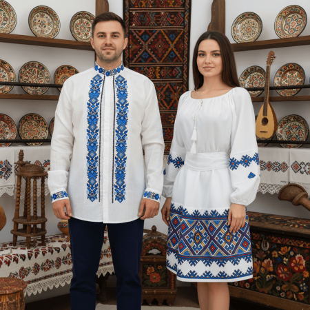 Set Traditional - Set Cuplu 605 / Camasa Traditionala si Rochie Stilizata cu motive traditionale