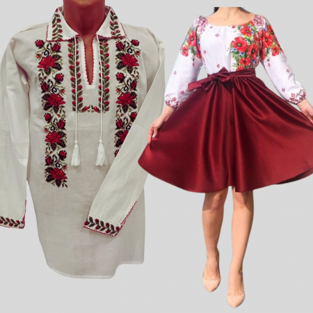 Set Traditional - Set Cuplu 606 / Camasa Traditionala si Rochie Stilizata cu motive traditionale