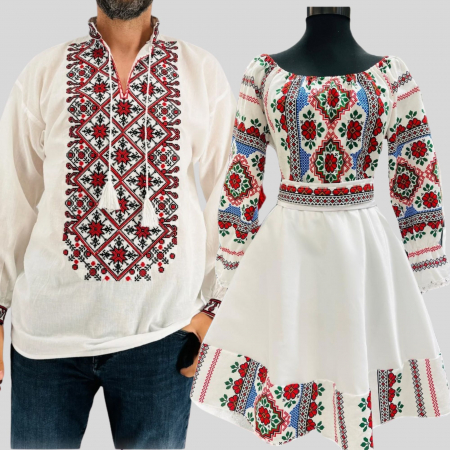 Комплект за двойка - Set Cuplu 607 / Camasa Traditionala si Rochie Stilizata cu motive traditionale
