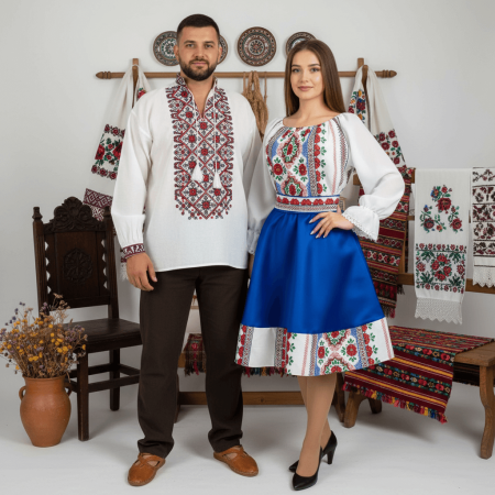 Set Traditional - Set Cuplu 608 / Camasa Traditionala si Rochie Stilizata cu motive traditionale