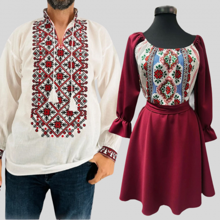 Комплект за двойка - Set Cuplu 609 / Camasa Traditionala si Rochie Stilizata cu motive traditionale