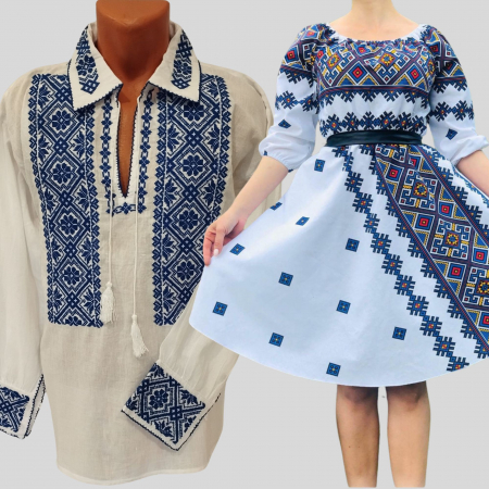 Комплект за двойка - Set Cuplu 610 / Camasa Traditionala si Rochie Stilizata cu motive traditionale