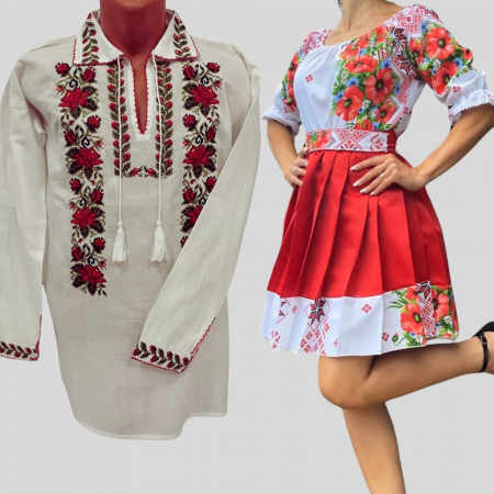 Set Traditional - Set Cuplu 613 / Camasa Traditionala si Rochie Stilizata cu motive traditionale
