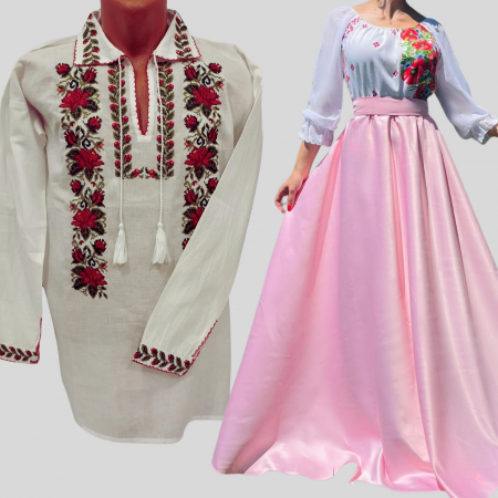 Set Traditional - Set Cuplu 617 / Camasa Traditionala si Rochie Stilizata cu motive traditionale
